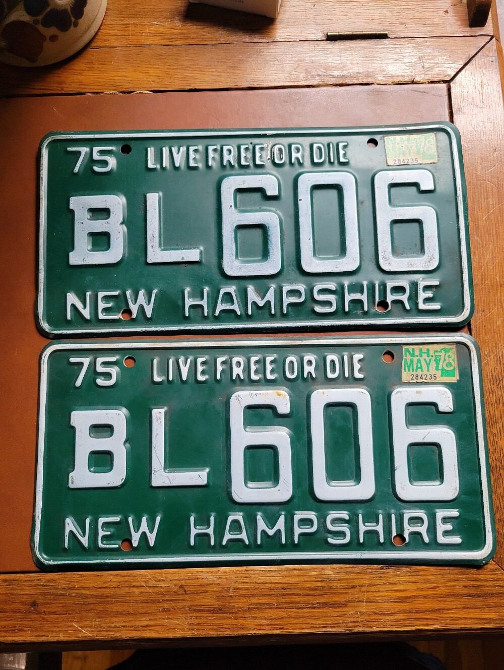 Vintage 1975 New Hampshire License Plate PAIR NH Tag Set BL606 YOM 1978 Sticker